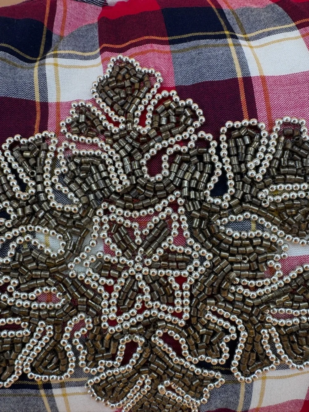 BELLA LUX Plaid Christmas Lumbar Cotton Pillow w/ Large Beaded Snowflakes